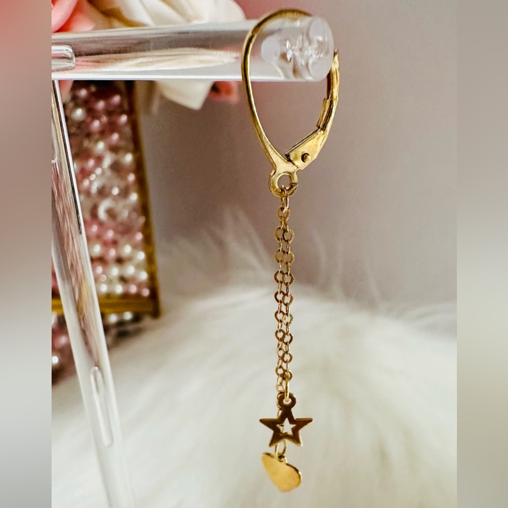 Heart and Star Dangling Earrings. 💛 Real 18(18k) Karat Solid Gold Jewelry